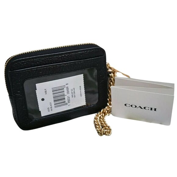 COACH Zip Card Case Black Pebble Leather Gold Accents Detachable Chain - Picture 7 of 7